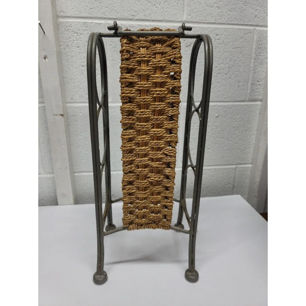 vtg Wrought Iron woven wicker rattan tabletop 3 Wine bottle Rack Holder Caddy